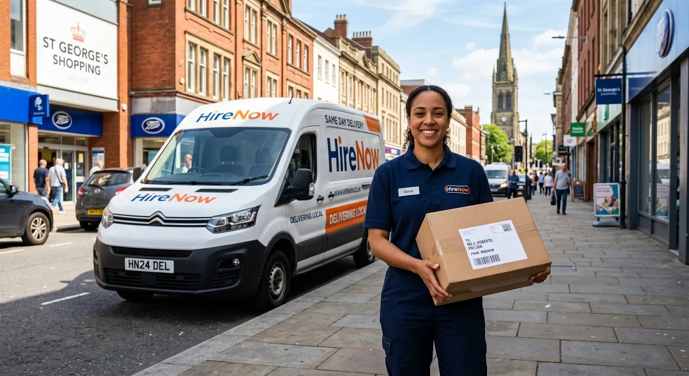 A professional, confident delivery driver in uniform, smiling and holding a package, with a HireNow-branded van in the background on a street in Preston city centre. Style: Bright, realistic, and welcoming. Mood: Trustworthy, efficient, and local.