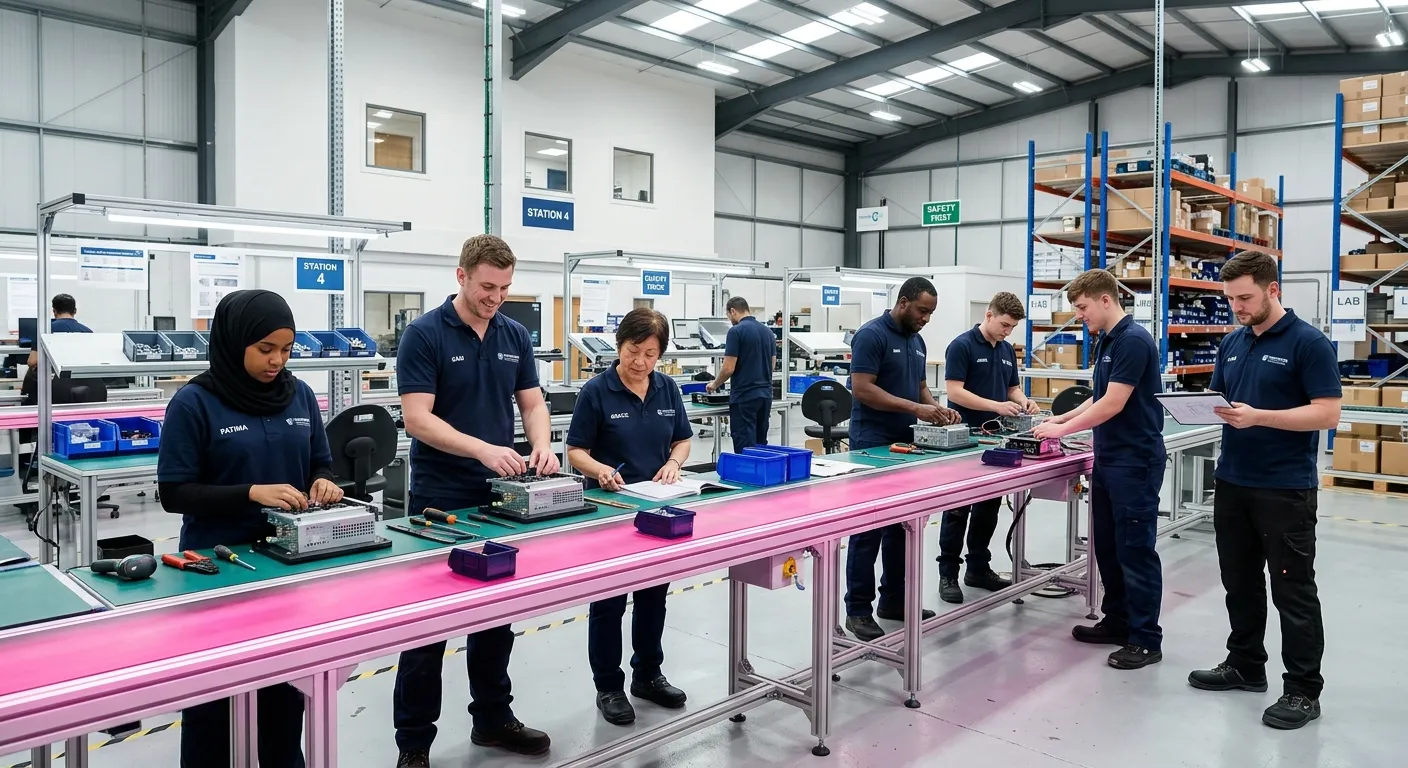 A modern, clean, and well-lit warehouse or light industrial unit in the Wimbledon area, showing a diverse team of assembly operatives working collaboratively on a production line. The mood is professional, efficient, and welcoming.