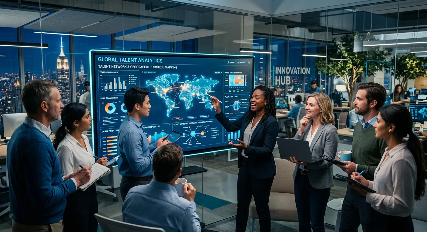 A dynamic, modern office environment with diverse professionals collaborating around a digital screen displaying talent analytics and global network maps. Style: Vibrant, professional, and futuristic.