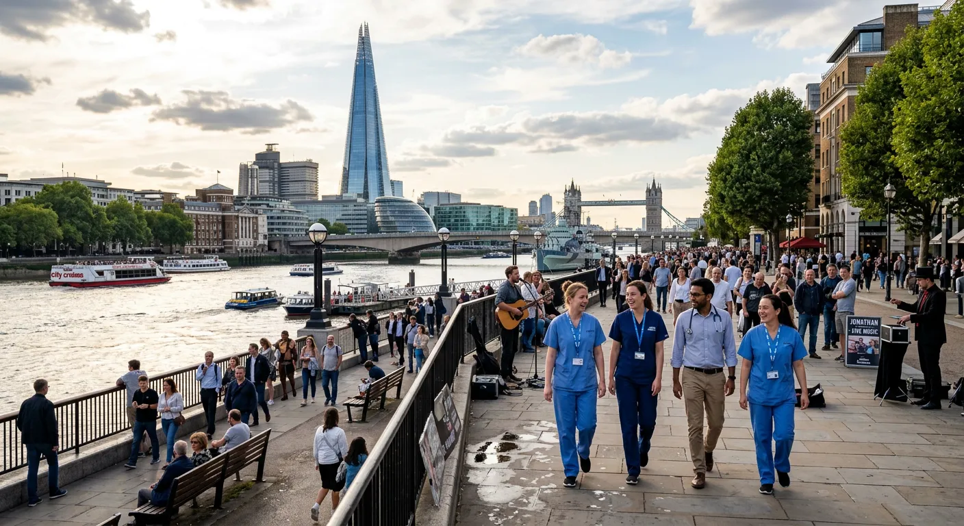 A vibrant, wide-angle photo looking east along the South Bank of the Thames in SE1 London, showcasing the Thames path, the Shard, and street performers, with healthcare professionals walking in the foreground.