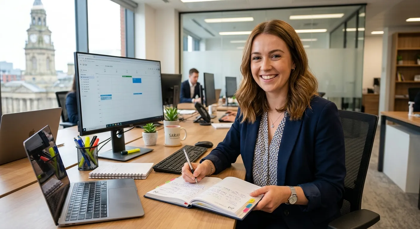 Professional photo of a friendly Personal Assistant working efficiently in a modern Bolton office, o... Professional photo of a friendly Personal Assistant working efficiently in a modern Bolton office, organising a diary and smiling at the camera. Style: Bright, realistic, professional. Mood: Organised, approachable, and productive.