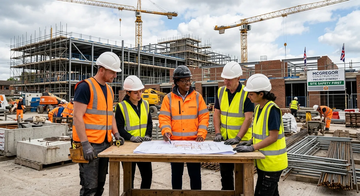 A dynamic, professional hero image featuring a diverse team of construction workers collaborating on a modern UK construction site. Focus on a mid-shot showing a site manager reviewing plans with skilled tradespeople in high-visibility vests, with cranes and half-built structures in the background. Style: Professional, inspiring, realistic. Mood: Productive, collaborative, and forward-moving.