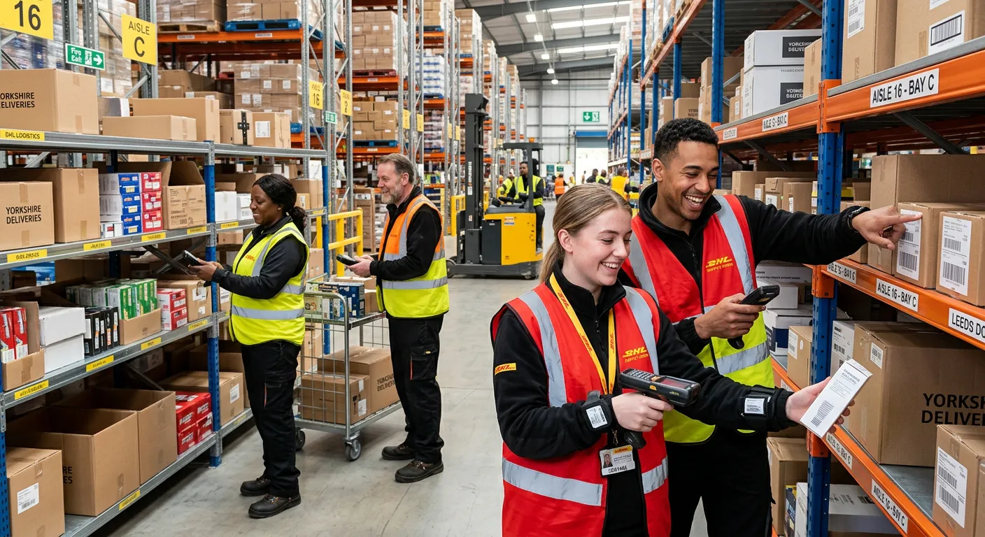 A professional, high-energy photograph of a diverse team of warehouse operatives in a modern, well-organised distribution centre in Leeds. They are smiling, wearing high-vis jackets, and actively engaged in picking items from shelves using handheld scanners, conveying a sense of teamwork and efficient operation.