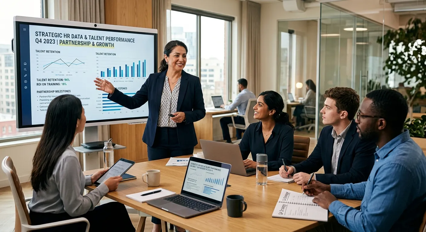 A professional, modern office setting with diverse team members collaborating around a table. Focus... A professional, modern office setting with diverse team members collaborating around a table. Focus on a confident HR manager presenting data on a screen, symbolizing strategic partnership. Style: Corporate photography, sharp focus, warm lighting.