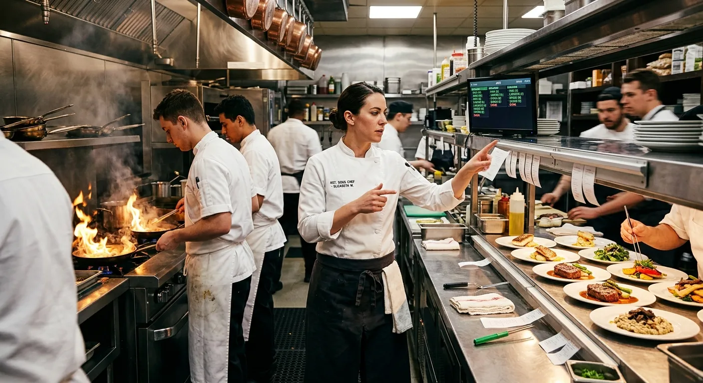 A professional, high-energy kitchen scene. A focused Assistant Sous Chef in a crisp white uniform is expediting orders and guiding junior chefs. The image is vibrant, sharp, and conveys leadership and precision.