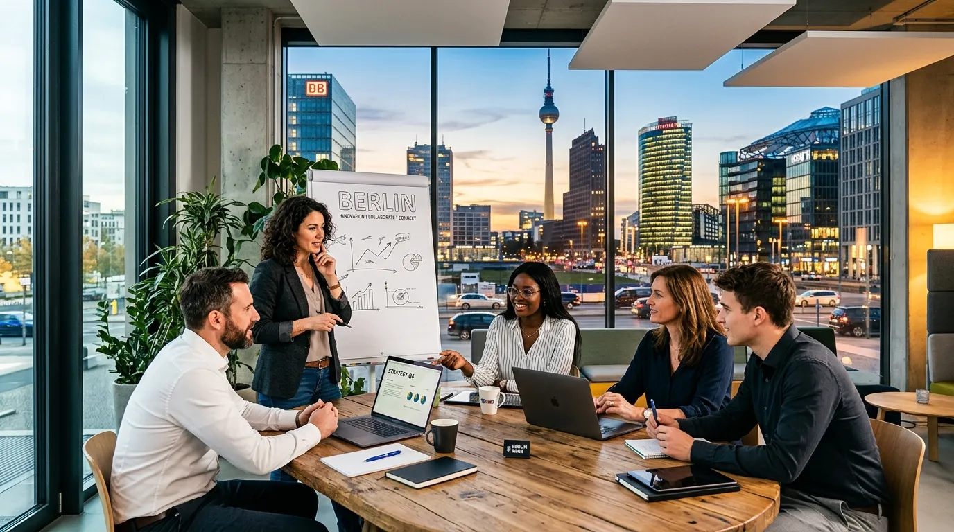 A dynamic, professional hero image of Berlin's modern skyline (Potsdamer Platz, TV Tower) blending with diverse professionals collaborating in a bright, contemporary office. Style: Professional, aspirational, high-contrast. Mood: Energetic, reliable, and forward-thinking.