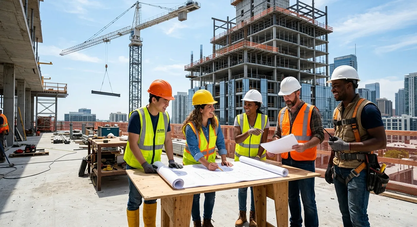 A diverse team of construction workers on a modern building site, smiling and collaborating, with cranes and blueprints in the background. Bright, sunny day, professional and energetic mood.