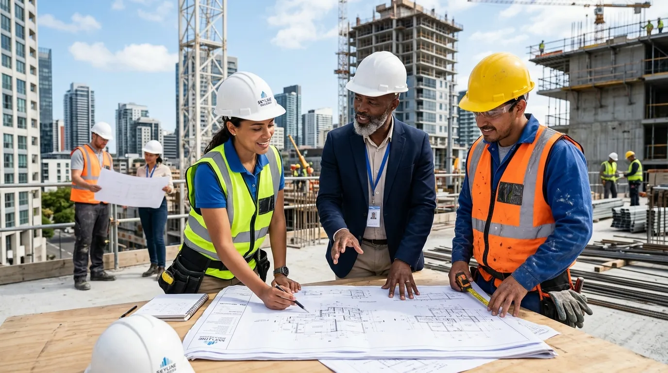A dynamic, professional hero image showing a diverse group of construction professionals (site manager, architect, skilled labourer) reviewing blueprints on a modern construction site. Sunny day, sharp focus, mood of collaboration and success.