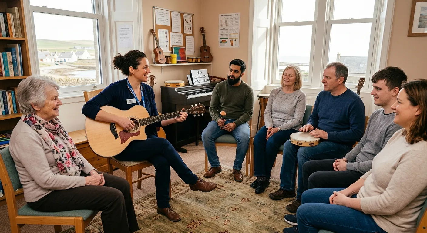 A professional and compassionate Music Therapist in a well-lit therapy room, gently playing a guitar for a diverse group of clients in AB45. The scene should convey trust, healing, and professional expertise.
