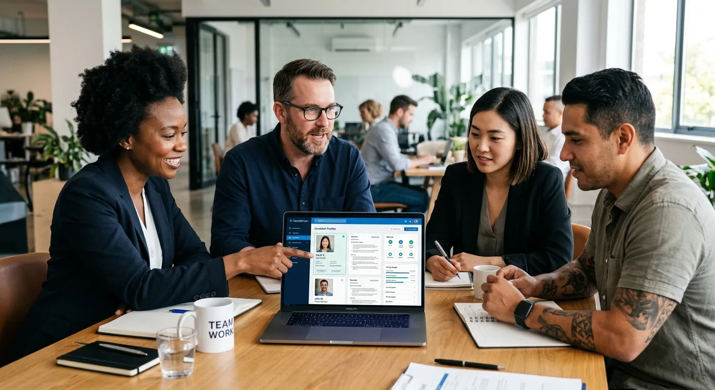 A diverse group of HR professionals and hiring managers collaborating over a laptop, analyzing candidate profiles on a digital dashboard. Modern office setting, focused and dynamic mood, high-resolution professional photography.