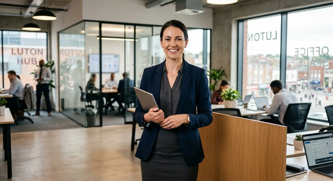 A professional, confident individual in business attire, holding a tablet and smiling, standing in a modern office environment in Luton. The image should convey competence, approachability, and a sense of urgency for an immediate start.