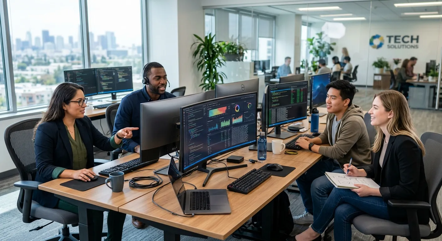 A professional, diverse team of IT specialists collaborating in a modern office with multiple monitors showing code and data analytics. Style: Bright, sharp, and inspiring. Mood: Collaborative, innovative, and technologically advanced.