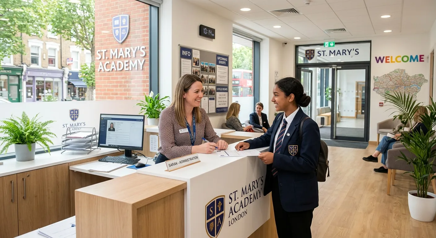 Professional, welcoming photo of a modern school reception or admin office in a London setting, with a friendly admin staff member helping a student. Bright, clean, and organised aesthetic.