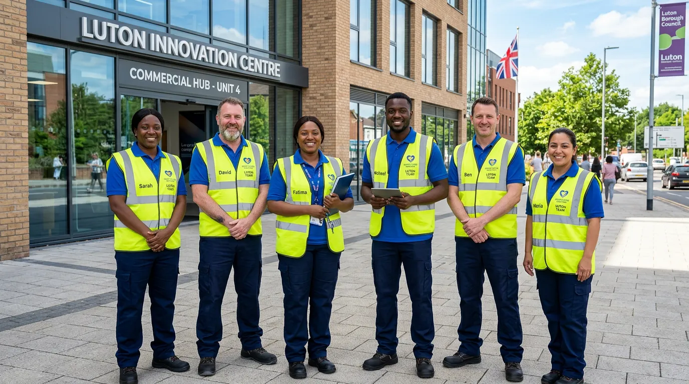 A professional, diverse group of caretakers in high-visibility vests, standing outside a modern Luton commercial building, looking confident and approachable. Style: Realistic, bright, and welcoming professional photography.