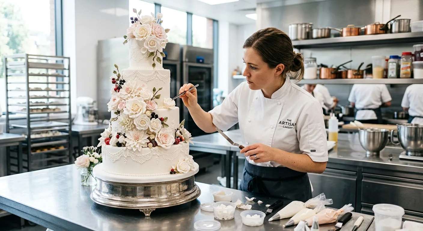 High-contrast, professional image of a pastry chef meticulously finishing a multi-tiered wedding cake in a modern, bright commercial kitchen. Focus on the intricate detail work.
