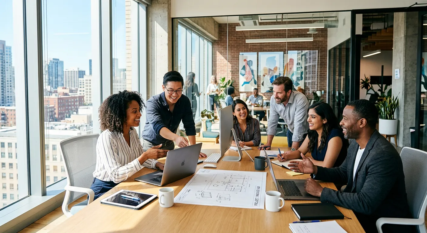 A diverse group of modern professionals collaborating in a bright, sunlit office space, showcasing teamwork and innovation. Style: professional corporate photography, high contrast, vibrant, and aspirational mood.