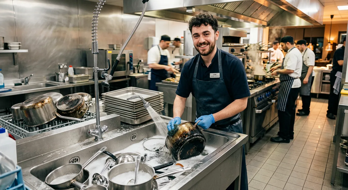A professional, well-lit kitchen scene in a busy restaurant or hotel setting in Gateshead, showing a friendly Kitchen Porter in clean uniform efficiently washing pots and pans. The mood is energetic, professional, and welcoming.