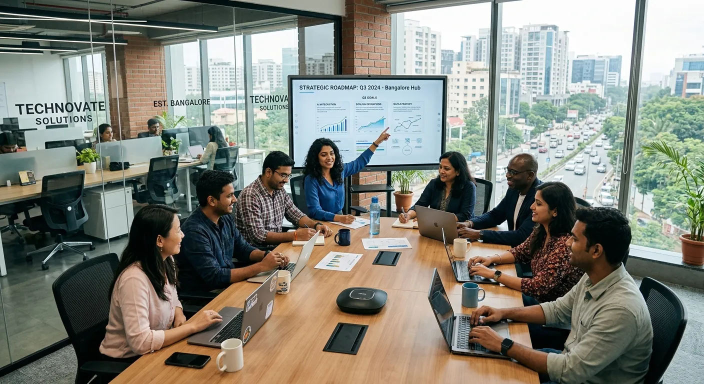 A modern, collaborative office space in Bangalore, India, featuring a diverse team of IT professionals engaged in a strategic planning meeting. The style is professional, bright, and dynamic, emphasizing innovation and teamwork.