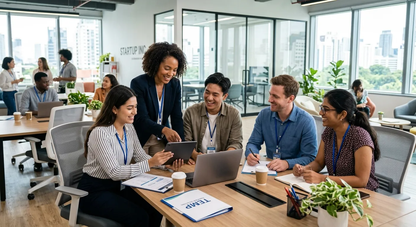 A professional, diverse group of temporary workers and a hiring manager smiling and collaborating in a modern office environment, with a clean, bright, and energetic mood.