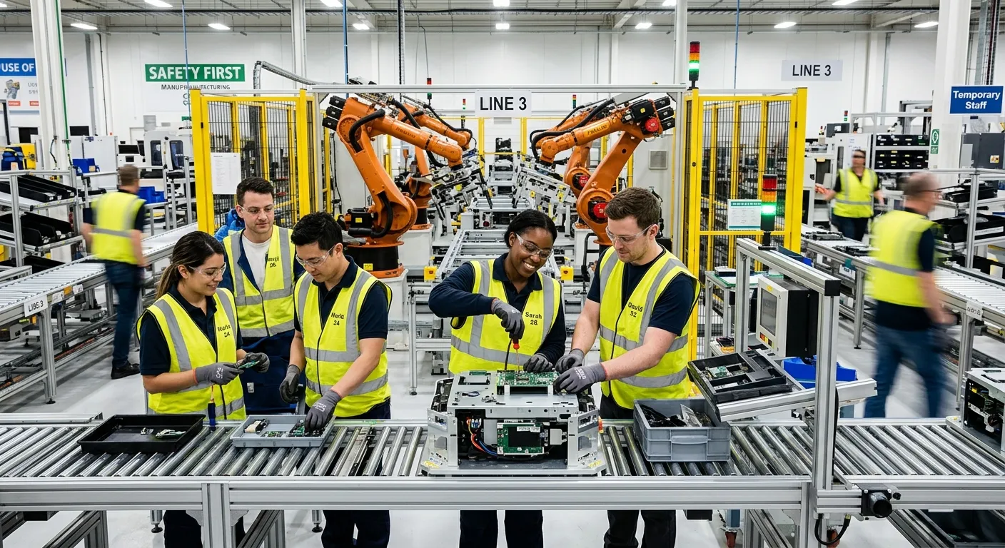 A dynamic, high-energy shot of a modern manufacturing floor. A diverse team of temporary staff in safety gear collaborates on an assembly line with robotic arms in the background. Professional, clean, and vibrant mood.