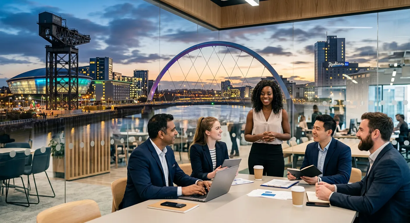 A dynamic, professional photo of Glasgow's cityscape (featuring the Clyde Arc or modern city centre) blending with diverse professionals in a modern office setting, symbolising connection and opportunity. Style: Vibrant, optimistic, professional.