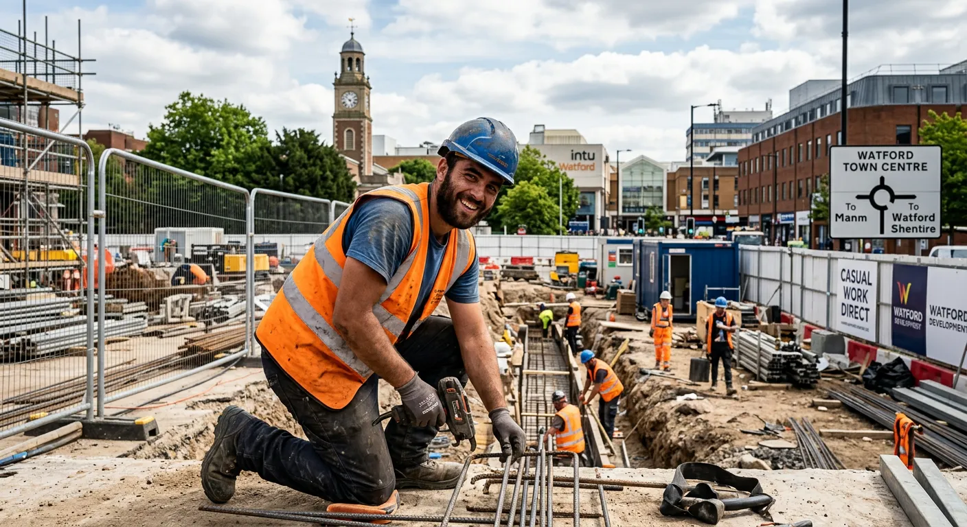 A dynamic, professional photo of a casual labourer in high-visibility clothing, smiling and working on a construction site in Watford, with the town centre visible in the background. The image should convey energy, reliability, and local relevance.
