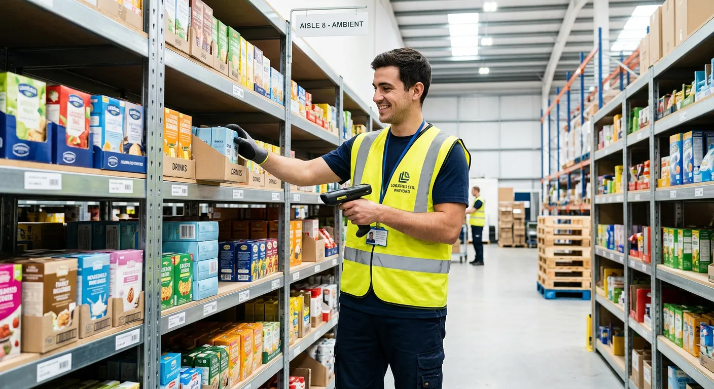A professional, dynamic image of a Stock Replenisher in a modern, well-organised warehouse in Watfor... A professional, dynamic image of a Stock Replenisher in a modern, well-organised warehouse in Watford, efficiently scanning and placing products onto shelves. The person is smiling, wearing a high-vis vest, conveying a sense of purpose and a positive work environment. Style: professional stock photo, bright and clean.