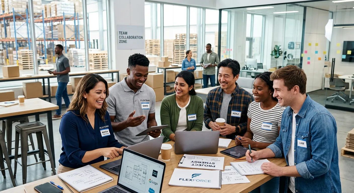 A diverse group of professional temporary workers in a modern office or warehouse setting, smiling and collaborating. Style is bright, energetic, and professional, conveying flexibility and teamwork.