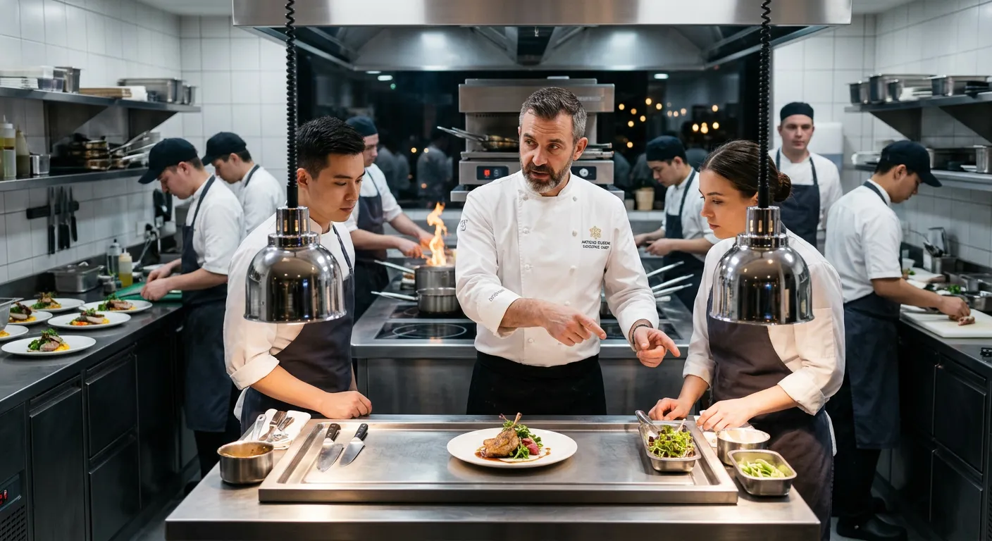 A professional, high-resolution image of a modern, immaculate kitchen brigade. An executive chef in... A professional, high-resolution image of a modern, immaculate kitchen brigade. An executive chef in pristine whites is guiding a team, with a focus on leadership and precision. The mood is authoritative, clean, and high-end.