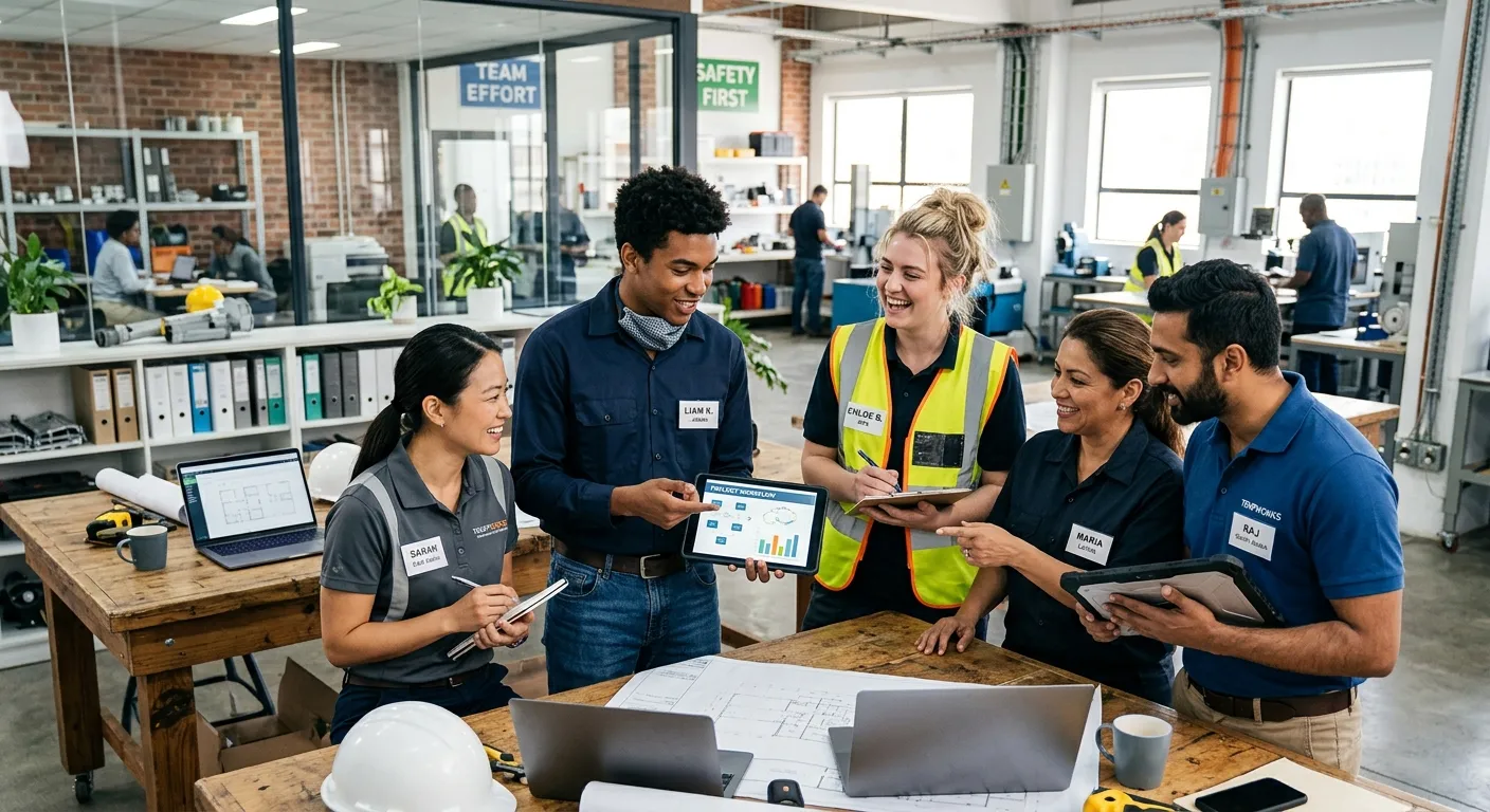 A diverse group of professional temporary workers in a modern office or light industrial setting, looking engaged and collaborative. Style is bright, professional, and dynamic, conveying energy and reliability.