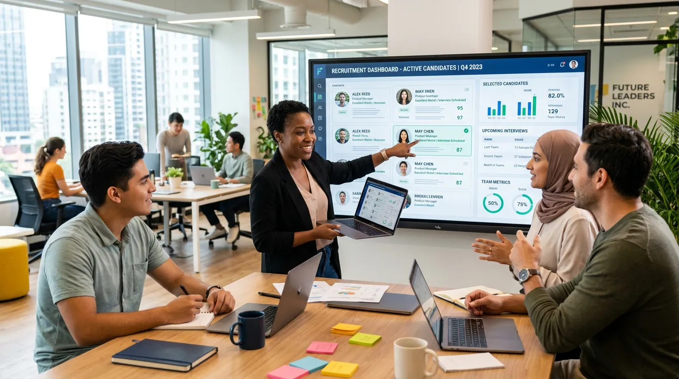 A dynamic, professional hero image showing a diverse team collaborating in a modern office environment, with a focus on a hiring manager reviewing candidate profiles on a digital dashboard. Style: Bright, optimistic, and professional.