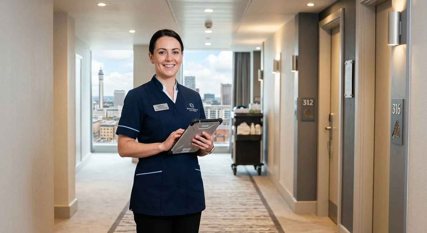 A professional, confident housekeeping supervisor in a smart uniform, overseeing a clean, modern hotel corridor in Birmingham city centre, smiling and holding a tablet. Style: Bright, professional, welcoming.