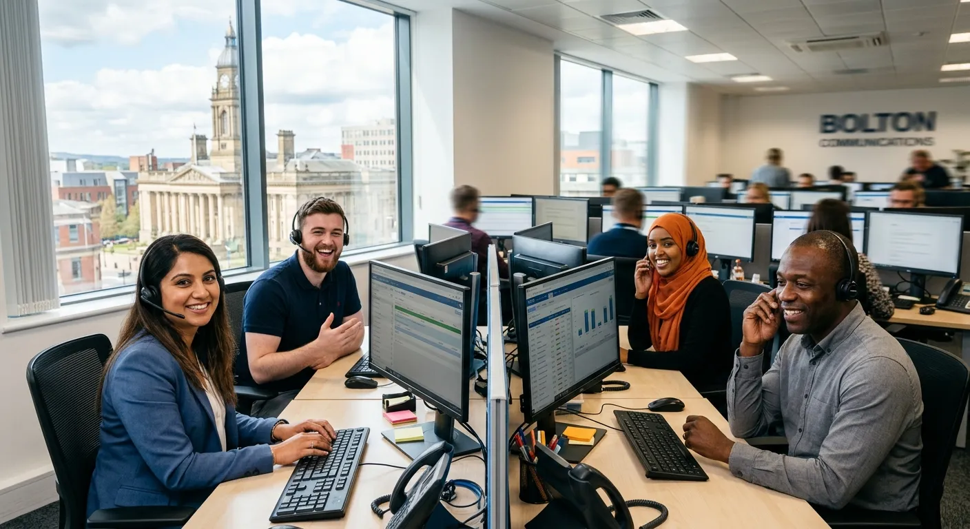 A professional, diverse team of telemarketers in a modern Bolton call centre, smiling and wearing he... A professional, diverse team of telemarketers in a modern Bolton call centre, smiling and wearing headsets, with a blurred background of computer screens and the Bolton Town Hall visible through a window. Style: Professional, welcoming, high-quality stock photo. Mood: Energetic, collaborative, and productive.