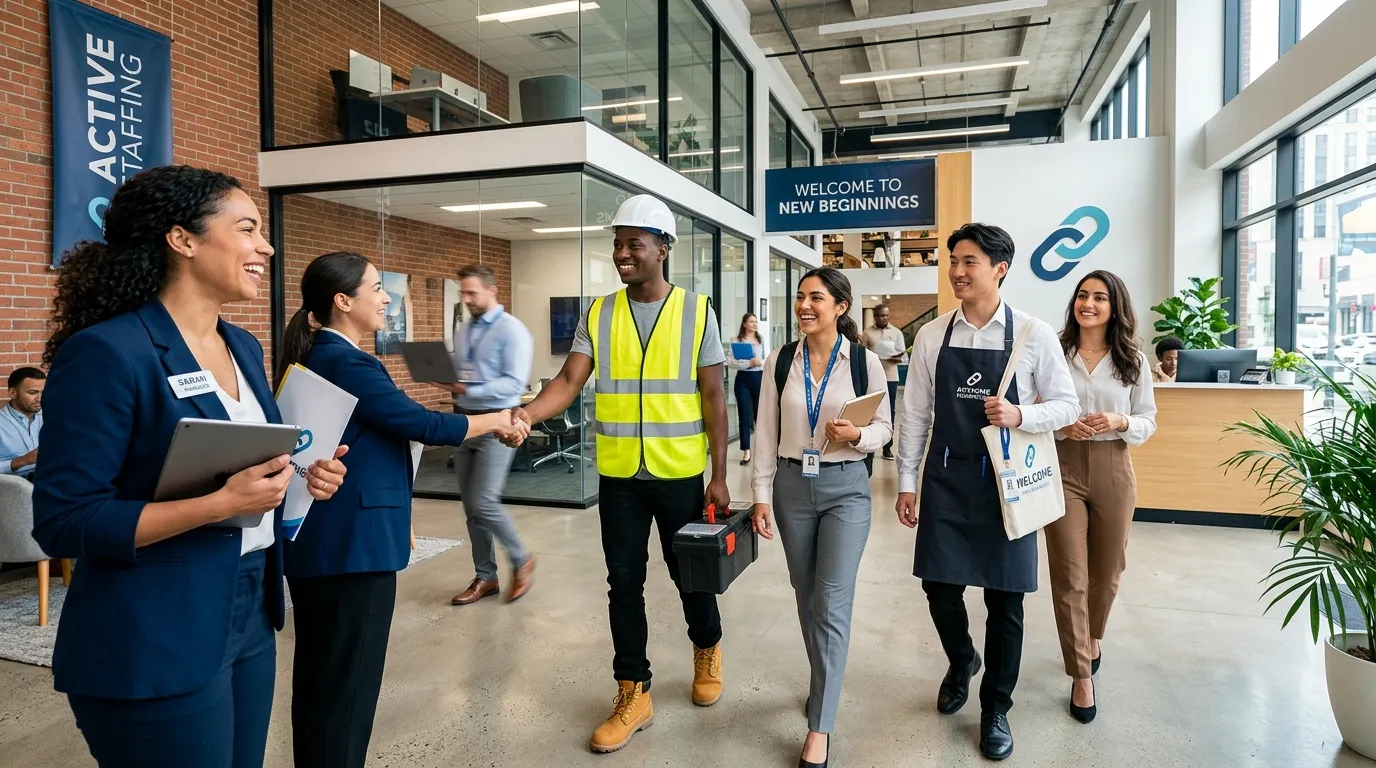 A dynamic, professional hero image showing a diverse group of temporary workers in various industries (construction, office, hospitality) being welcomed by a manager in a modern workplace. Style: High-energy, professional, and inclusive. Mood: Optimistic, efficient, and collaborative.