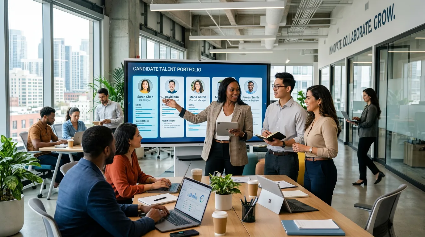 Modern, dynamic hero image showing a diverse team of professionals collaborating in a bright, tech-enabled office. A hiring manager is reviewing candidate profiles on a large digital screen. The style is professional, aspirational, and forward-thinking.