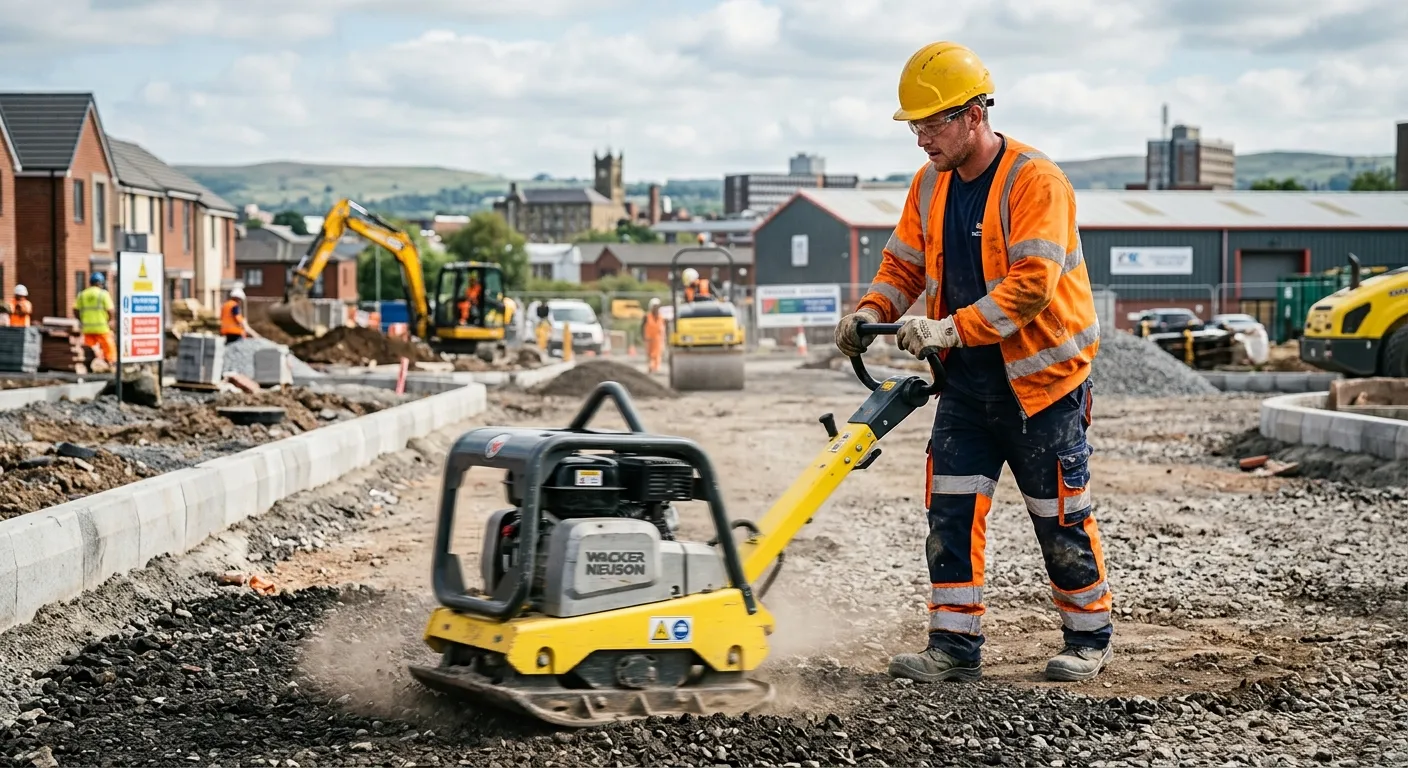 A professional, high-energy photo of a Groundworker in high-visibility PPE, operating a compactor or laying kerbs on a construction site in Blackburn. The image should convey action, skill, and a busy, productive work environment.