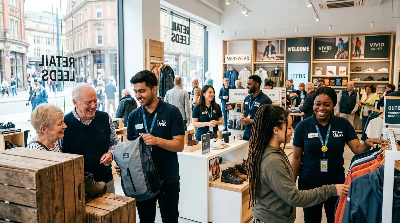Professional, welcoming hero image showing a diverse team of Sales Assistants in a modern retail environment in Leeds, assisting customers with a friendly smile. Bright, natural lighting, clean store backdrop, conveying a positive and energetic workplace atmosphere.