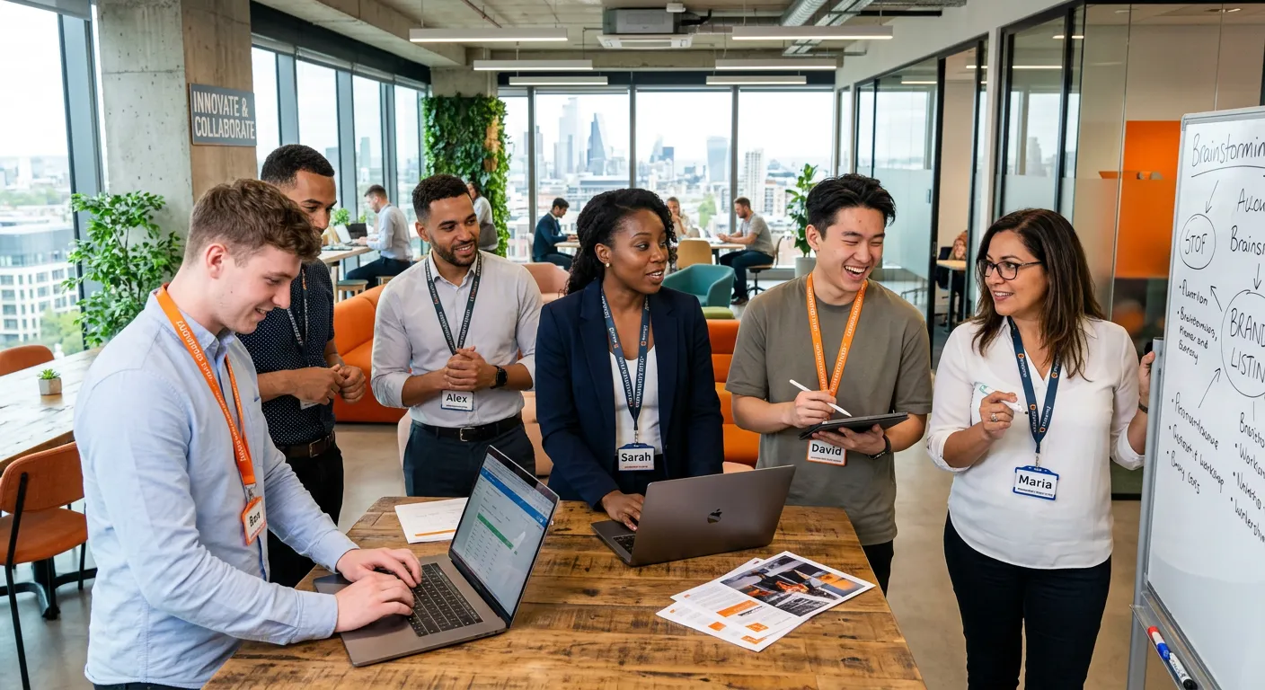 A dynamic, professional photo of a diverse, collaborative team in a modern office setting, some team members are permanent employees and others are clearly indicated as augmented staff via lanyards or badges. Style: Modern, vibrant, and energetic. Mood: Collaborative, innovative, and forward-thinking.
