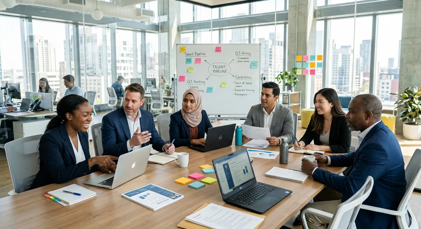 A diverse group of professional recruiters and business managers collaborating in a modern, sunlit office with glass walls and laptops. The mood is dynamic, professional, and solution-oriented.