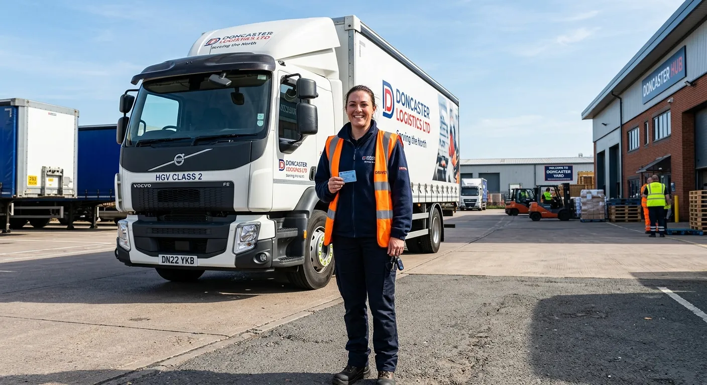 A professional HGV Class 2 driver in hi-vis vest, smiling confidently beside a modern rigid lorry in a Doncaster logistics yard on a sunny day. Style: authentic, high-quality, and inspiring.