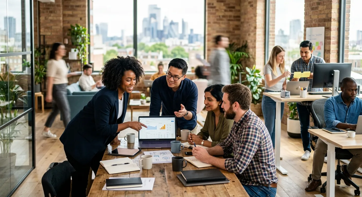 A diverse group of modern professionals collaborating in a bright, sunlit office space, some at desks, others in a huddle. Style is professional, dynamic, and focused, with a slight blur in the background to emphasize the team.