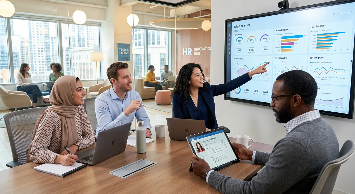 A modern, diverse team of HR professionals collaborating in a bright, tech-enabled office. One is pointing to data analytics on a large screen, another is reviewing candidate profiles on a tablet. Style is professional, high-resolution, with a focus on technology and human collaboration. Mood is innovative, efficient, and forward-thinking.
