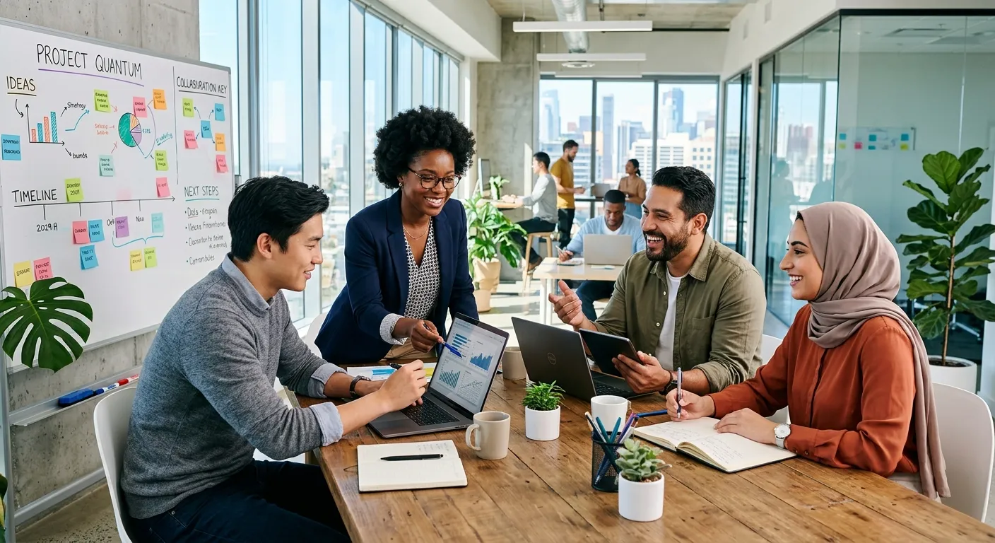 Modern, diverse team of professionals collaborating in a bright, sunlit office. Style is professional, vibrant, and forward-looking, focusing on teamwork and technology.