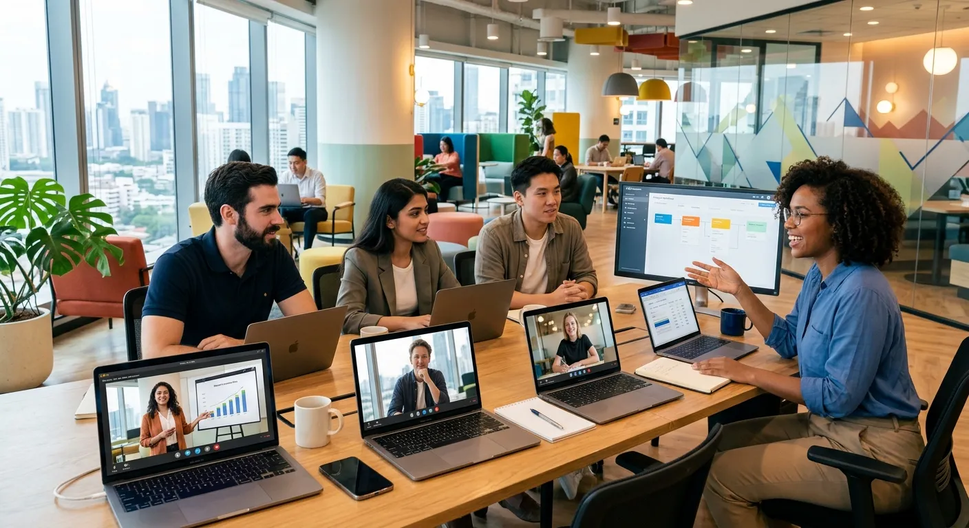 A dynamic, modern office environment with a diverse team of professionals collaborating at a long table. Some are in-office, others appear on laptop screens, representing remote augmented staff. The style is bright, vibrant, and forward-looking.