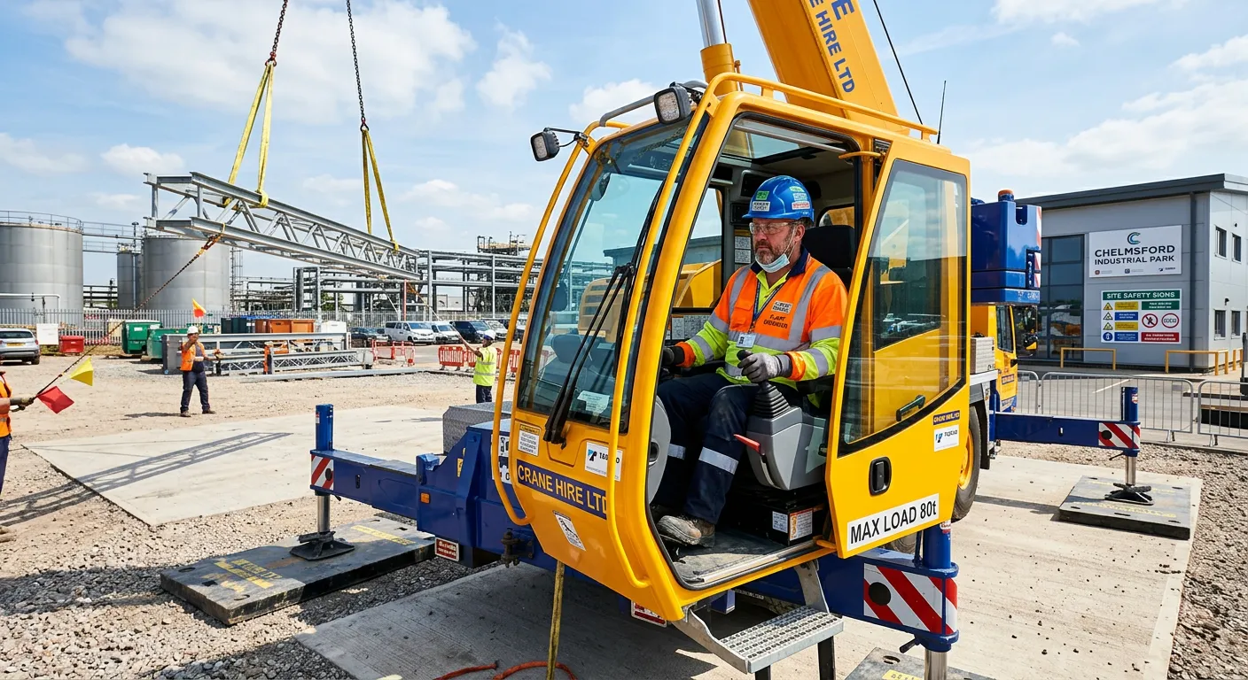 Professional photo of a Plant Operator in high-visibility clothing safely operating a mobile crane or excavator on a well-maintained industrial site in Chelmsford. Sunny day, modern equipment, focus on safety and skill.