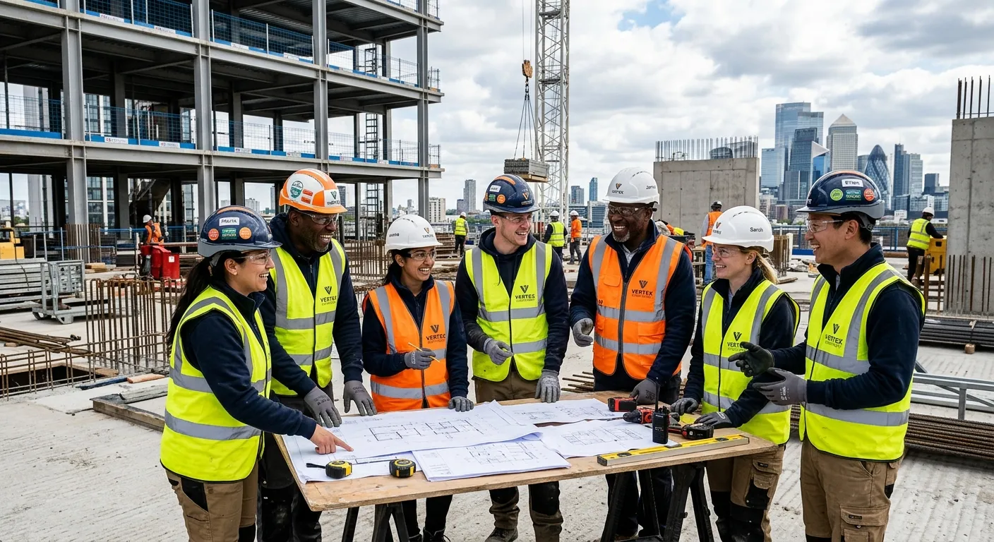 A diverse group of skilled labourers on a modern construction site, smiling and collaborating. Professional, high-energy mood with a focus on teamwork and safety gear.