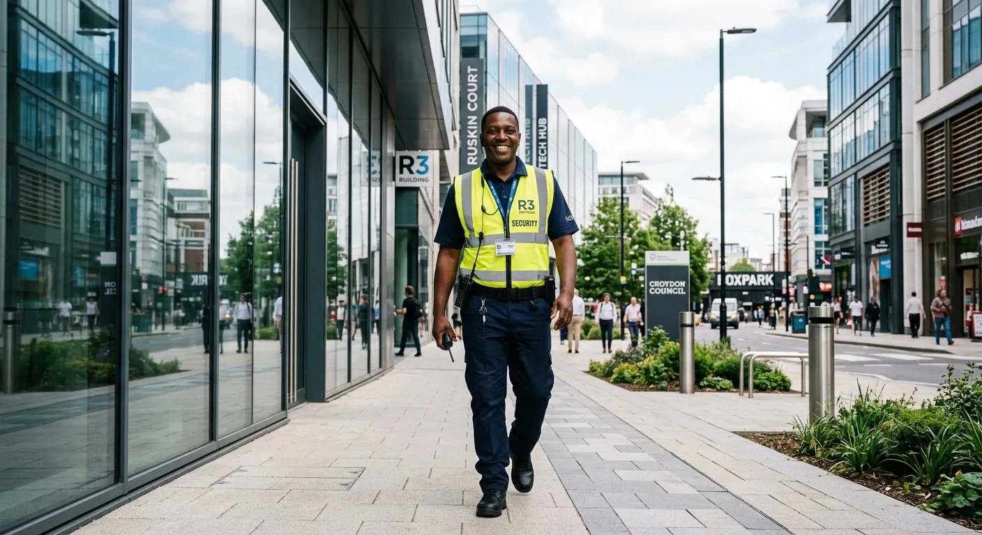 A professional, trustworthy security guard in a hi-vis vest, smiling confidently while patrolling a... A professional, trustworthy security guard in a hi-vis vest, smiling confidently while patrolling a modern commercial building in Croydon, daylight, professional and approachable mood