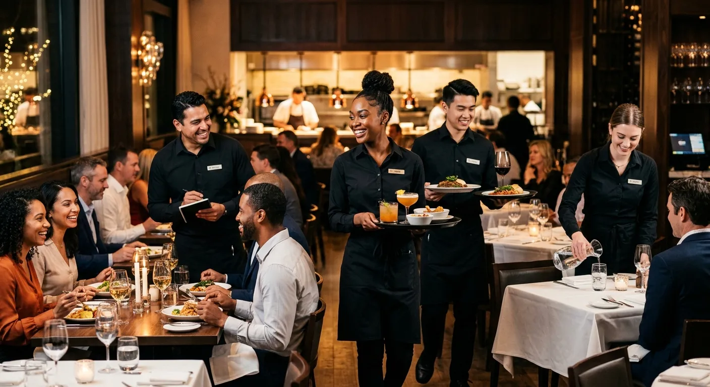 A high-energy, professional photograph of a diverse team of waiters and waitresses providing impeccable service in a busy, upscale restaurant. They are smiling, carrying trays, and interacting with guests. The style is vibrant, modern, and aspirational.
