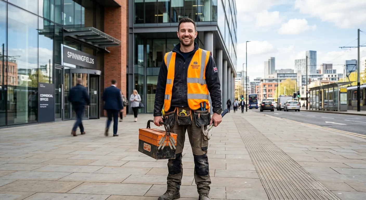 A professional, confident handyman in a hi-vis vest, smiling and holding tools, standing outside a modern commercial building in Manchester, looking directly at the camera.