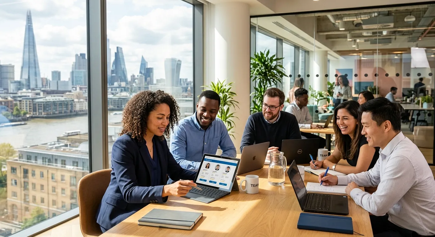 A professional, high-resolution image of a diverse team of modern professionals collaborating in a bright, sunlit office. A hiring manager is reviewing a digital tablet showing candidate profiles, with a city skyline (suggestive of London) visible through the window. Style: Corporate, optimistic, and dynamic.